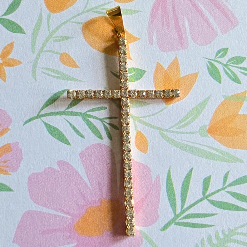 Cross pendant gold tone clear rhinestones religious christian jewelry